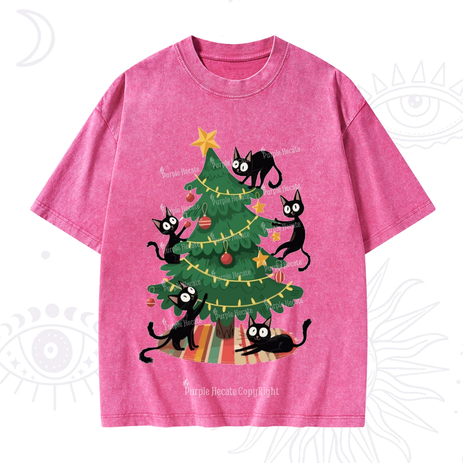 Purplehecate Black Cat in Tree Christmas Washed T-Shirt