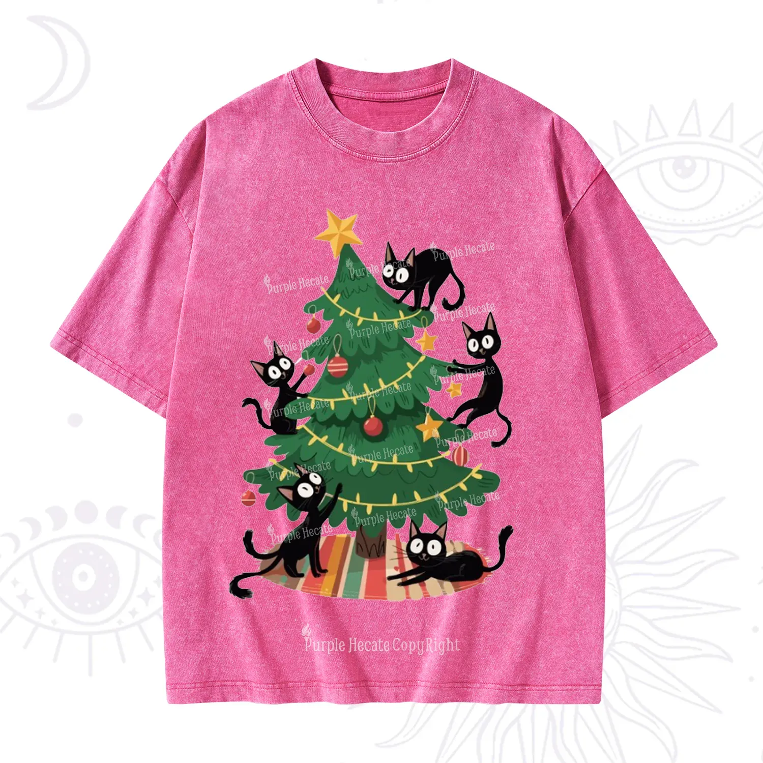 Purplehecate Black Cat in Tree Christmas Washed T-Shirt