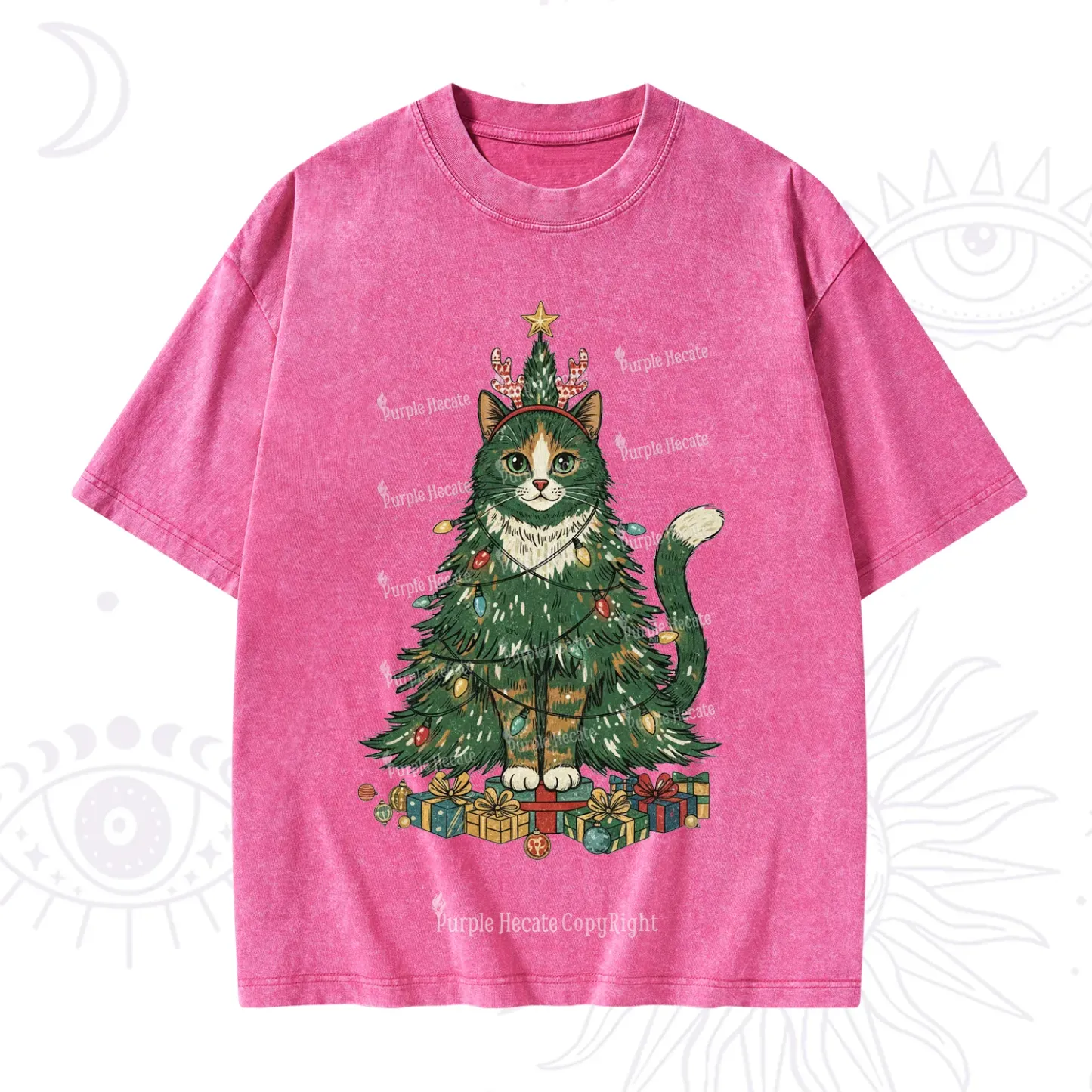 Purplehecate Cute Cats Christmas Tree Washed T-Shirt