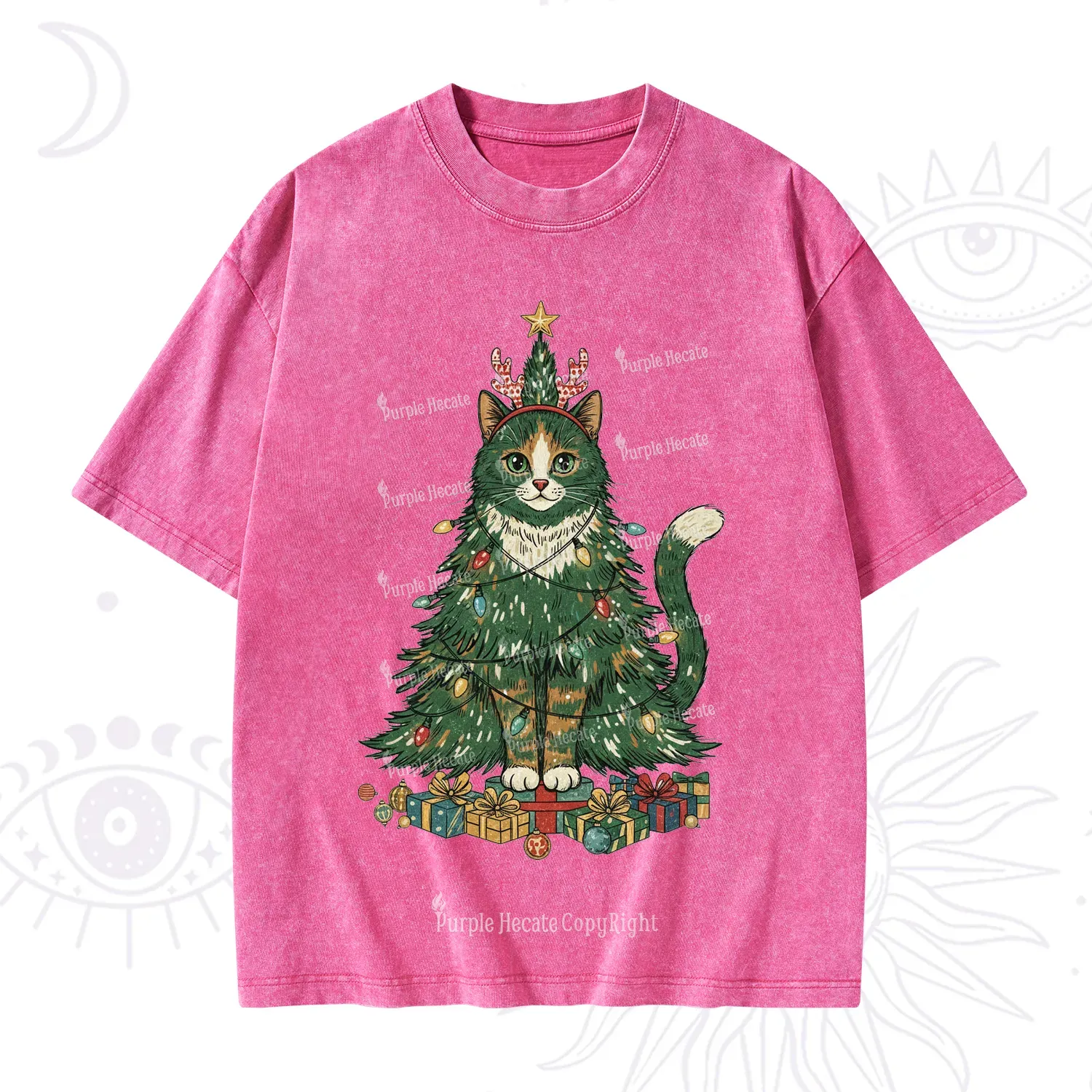 Purplehecate Cute Cats Christmas Tree Washed T-Shirt