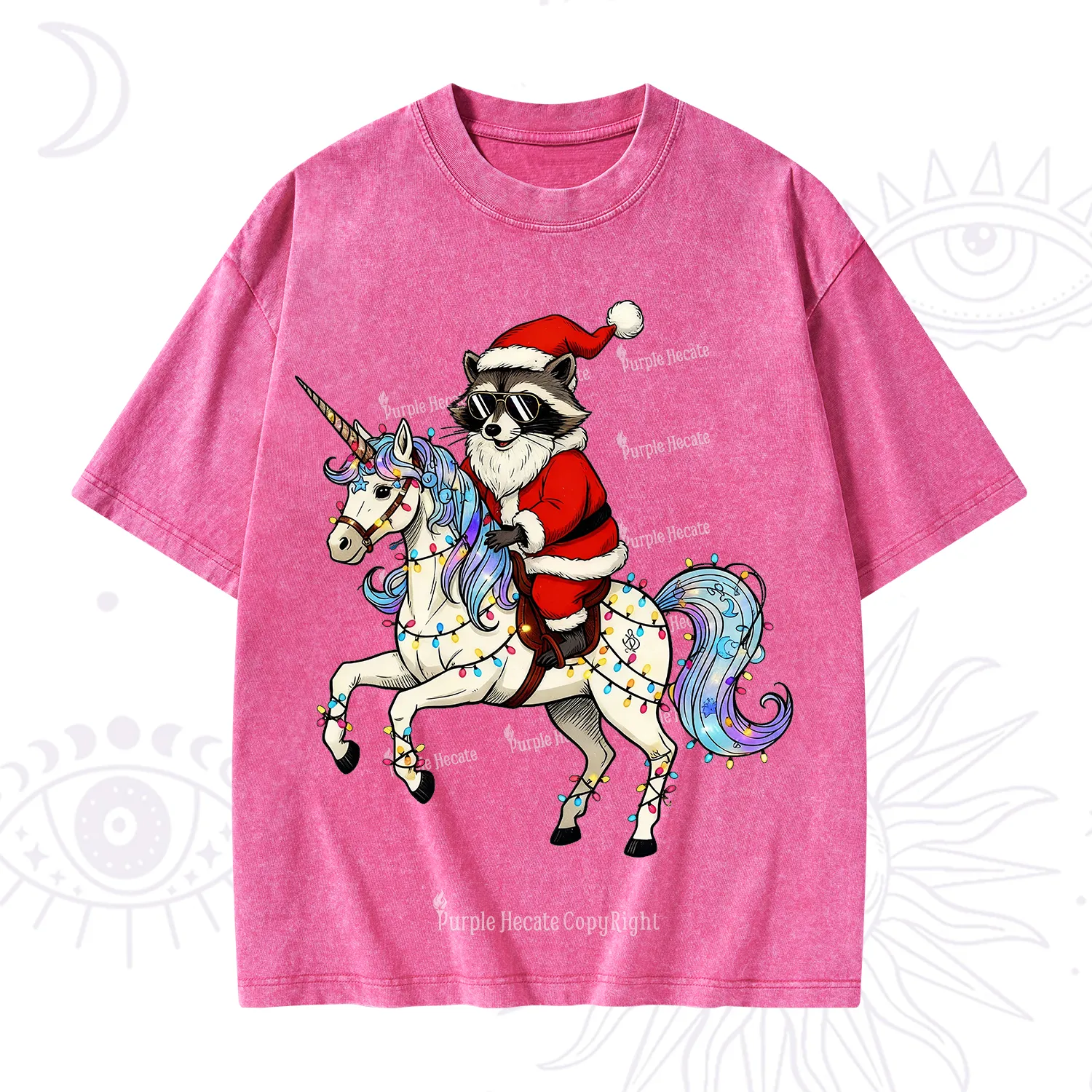 Purplehecate Santa Raccoon Riding Unicorn Tee Christmas Washed T-Shirt