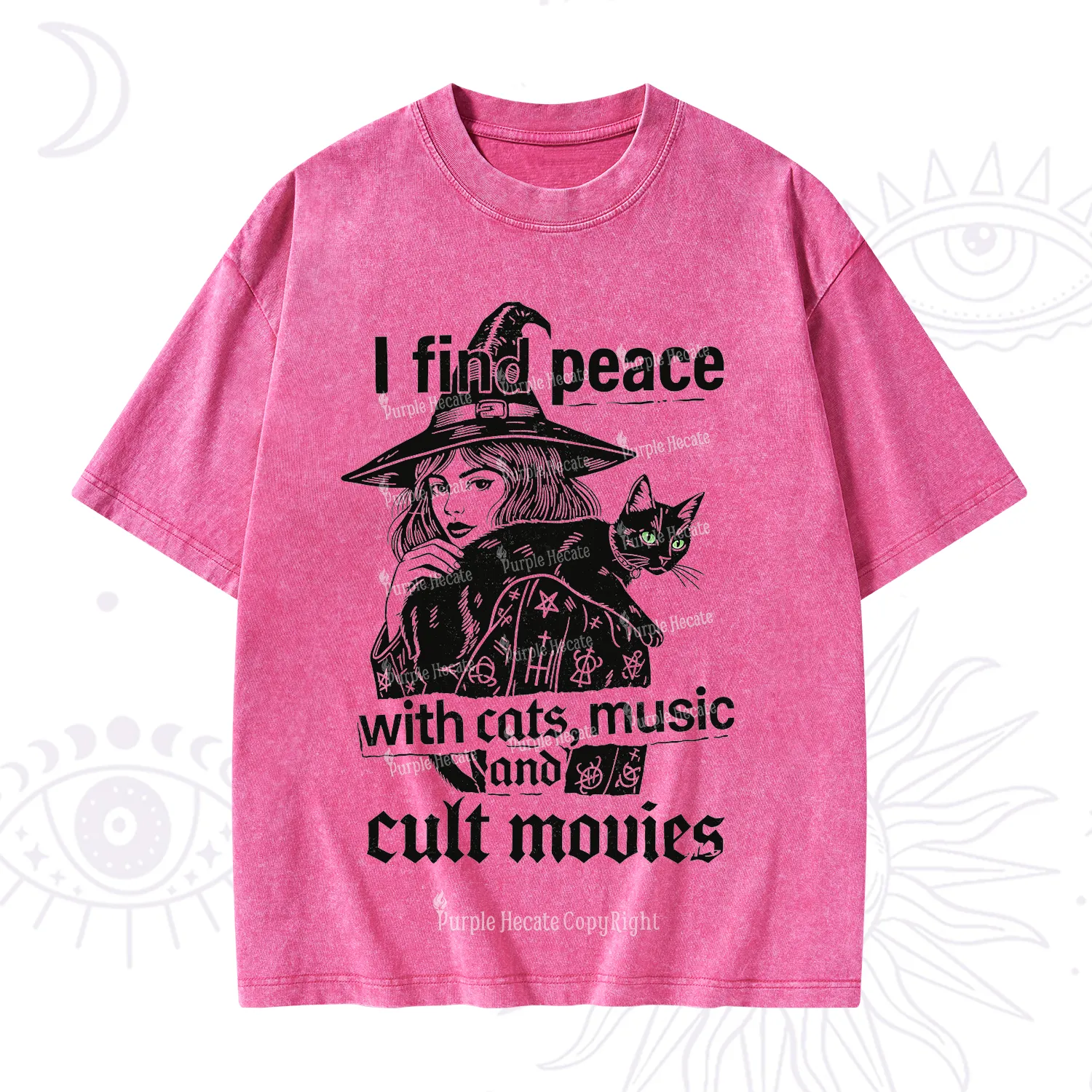Purplehecate I Find Peace With Cats Music Cult Movies Washed T-Shirt