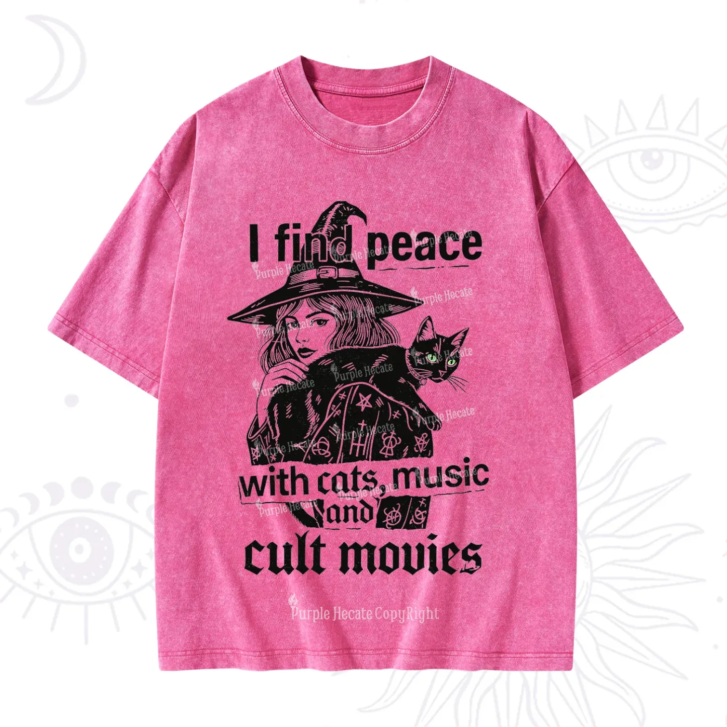 Purplehecate I Find Peace With Cats Music Cult Movies Washed T-Shirt