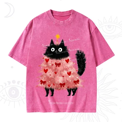Purplehecate Funny Black Cat in Tree Valentine Washed T-Shirt