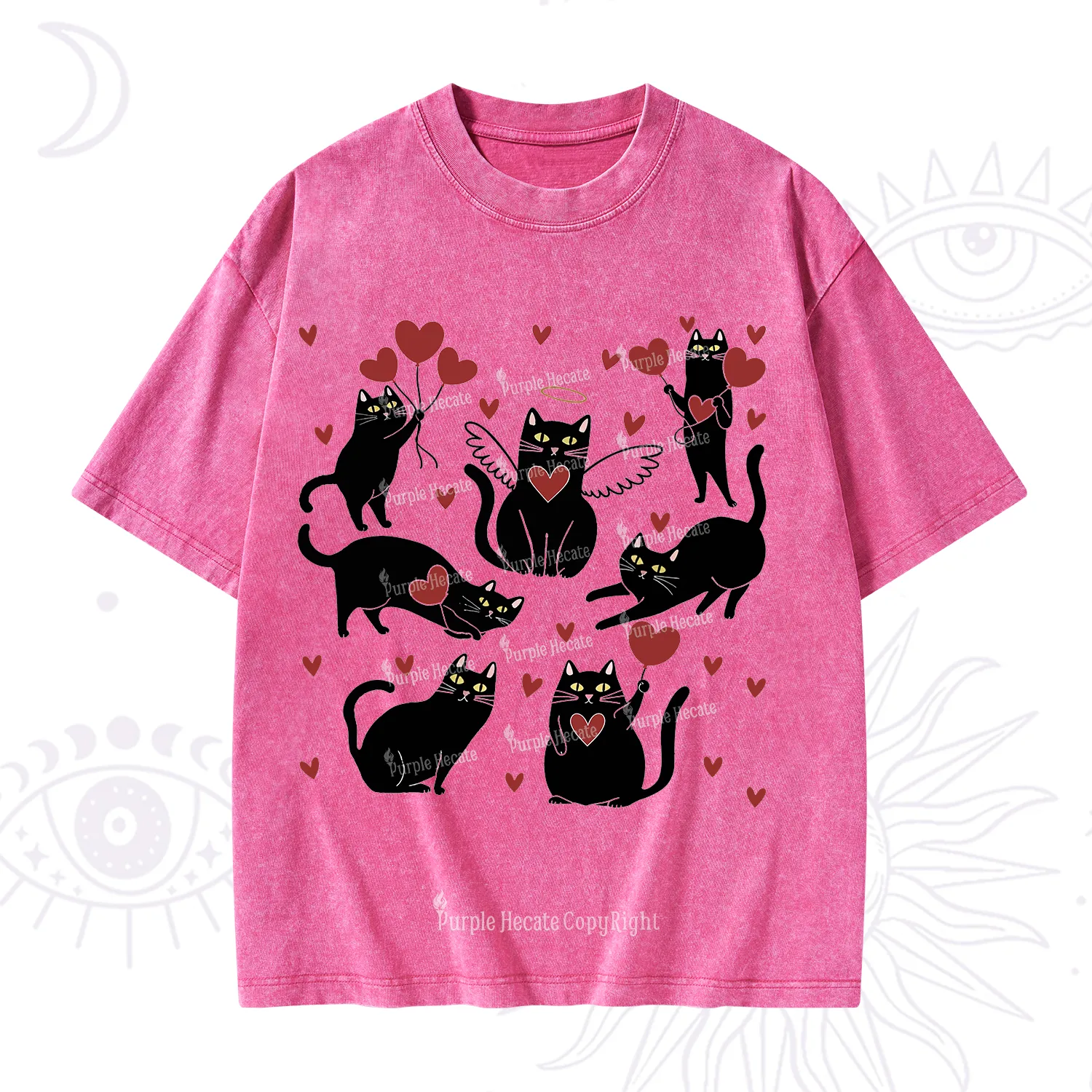 Purplehecate Meowy Valentine's Romantic Cat Valentine Washed T-Shirt