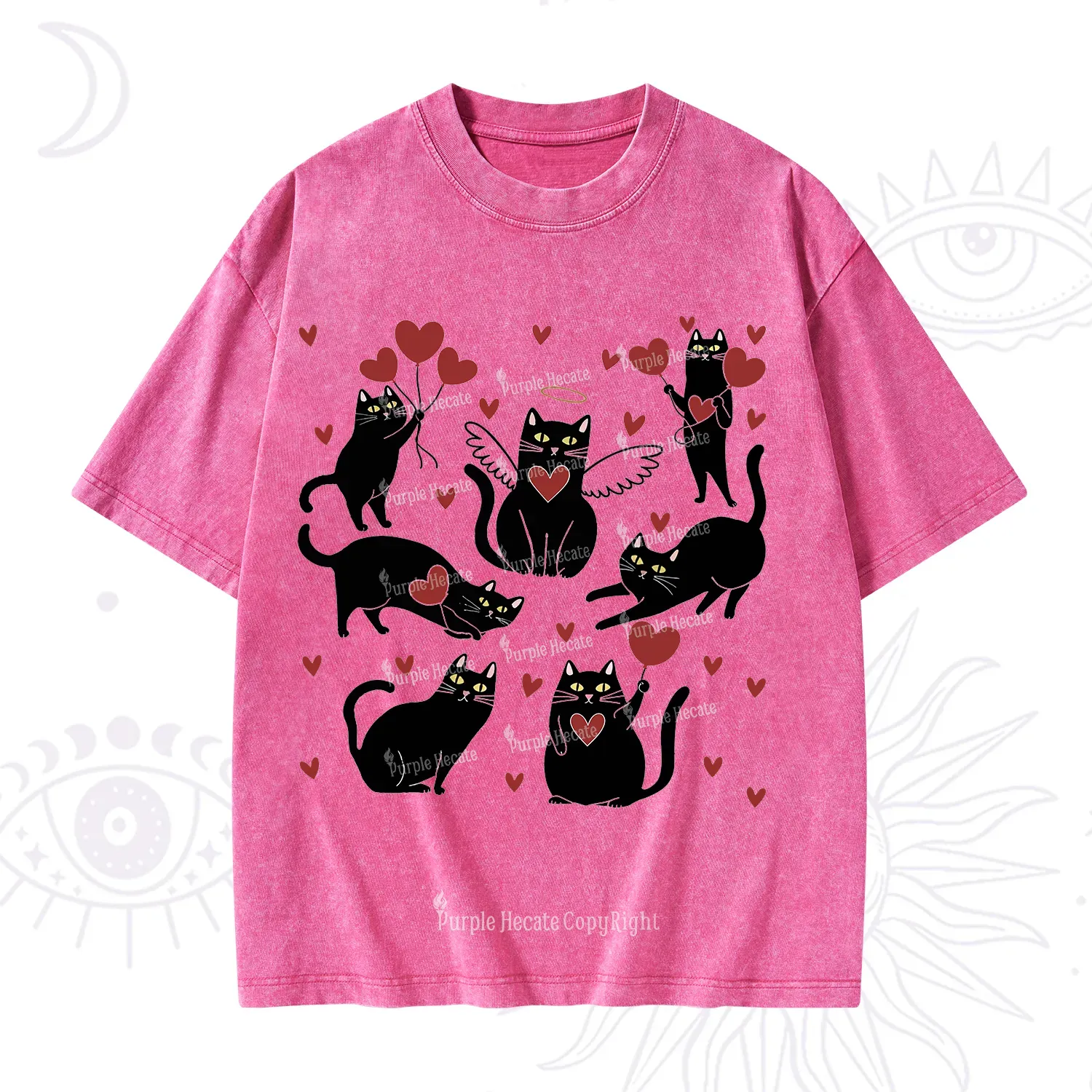 Purplehecate Meowy Valentine's Romantic Cat Valentine Washed T-Shirt