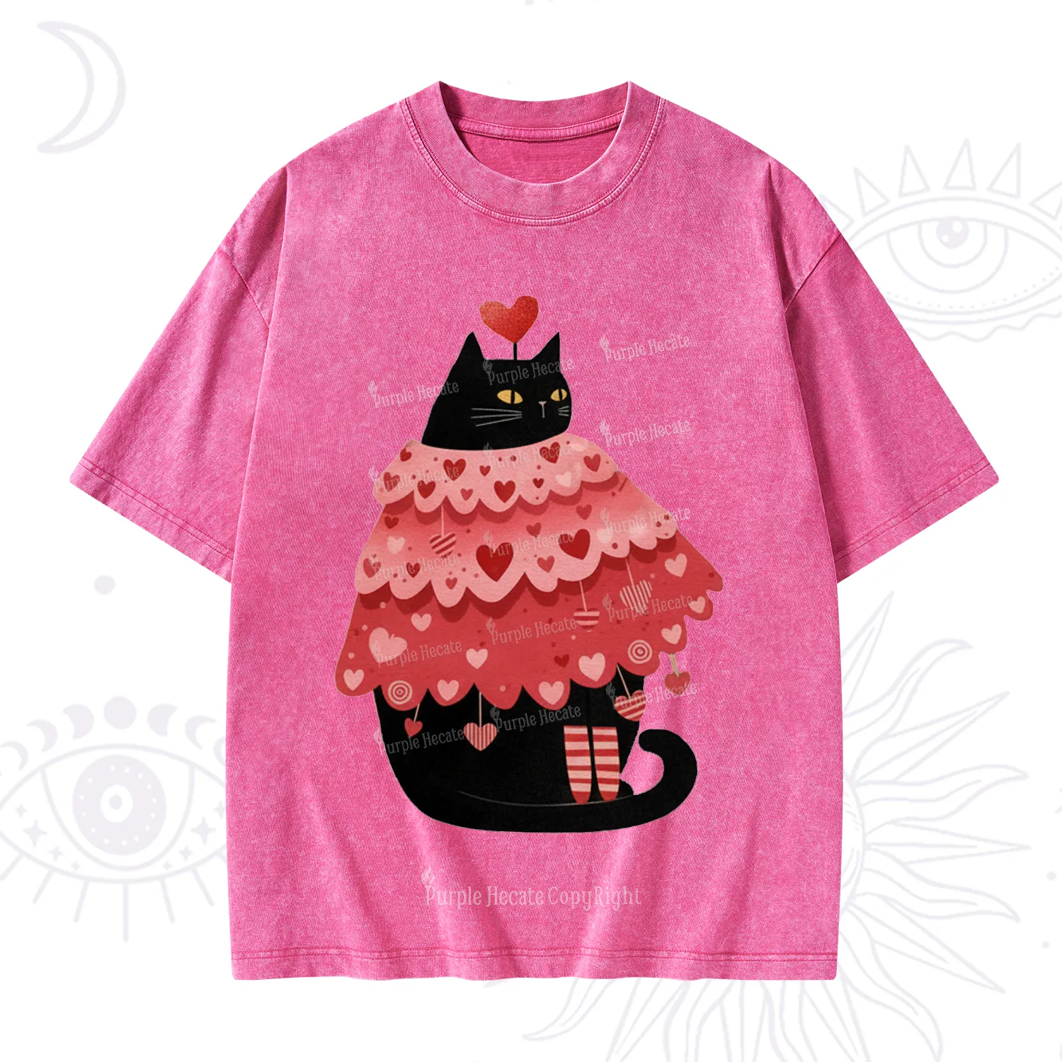 Purplehecate Funny Black Cat in Heart Dress Valentine Washed T-Shirt