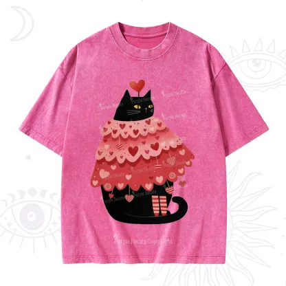 Purplehecate Funny Black Cat in Heart Dress Valentine Washed T-Shirt