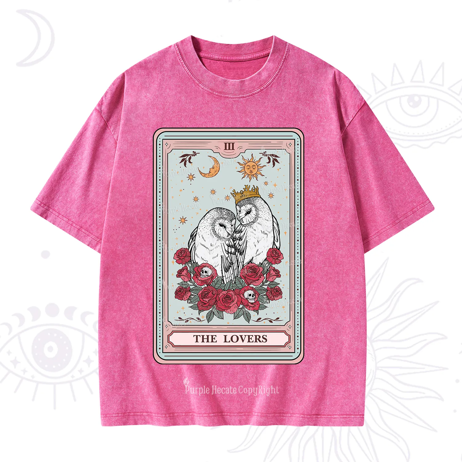 Purplehecate The Lovers Owls Tarot Card Washed T-Shirt