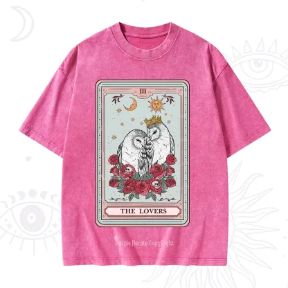 Purplehecate The Lovers Owls Tarot Card Washed T-Shirt