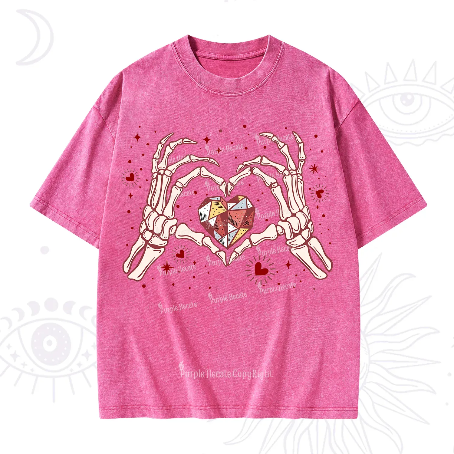 Purplehecate Skeleton Love Hands Valentine Washed T-Shirt