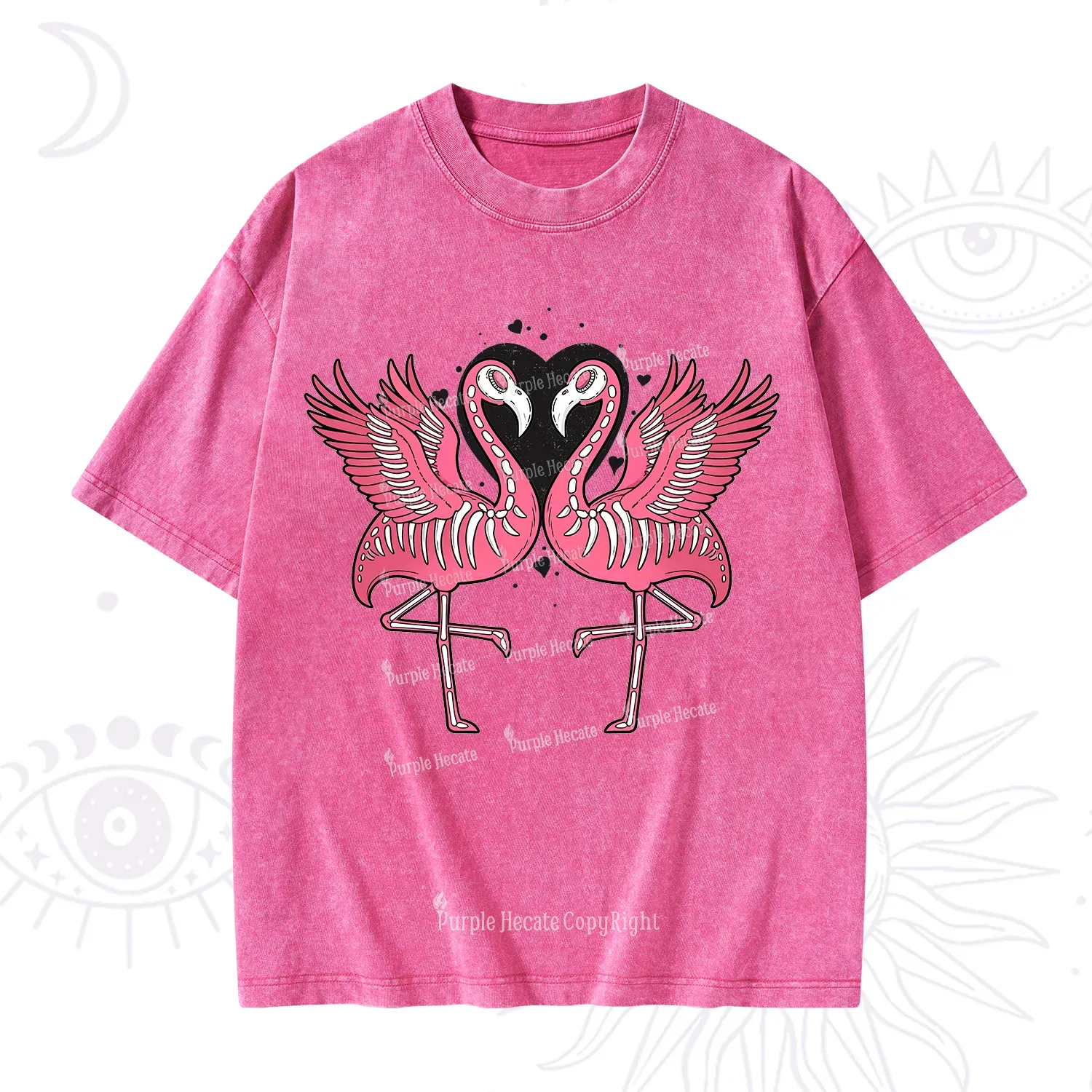 Purplehecate Witchy Pink Flamingo Skull Valentine Washed T-Shirt