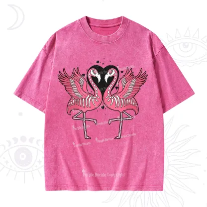Purplehecate Witchy Pink Flamingo Skull Valentine Washed T-Shirt