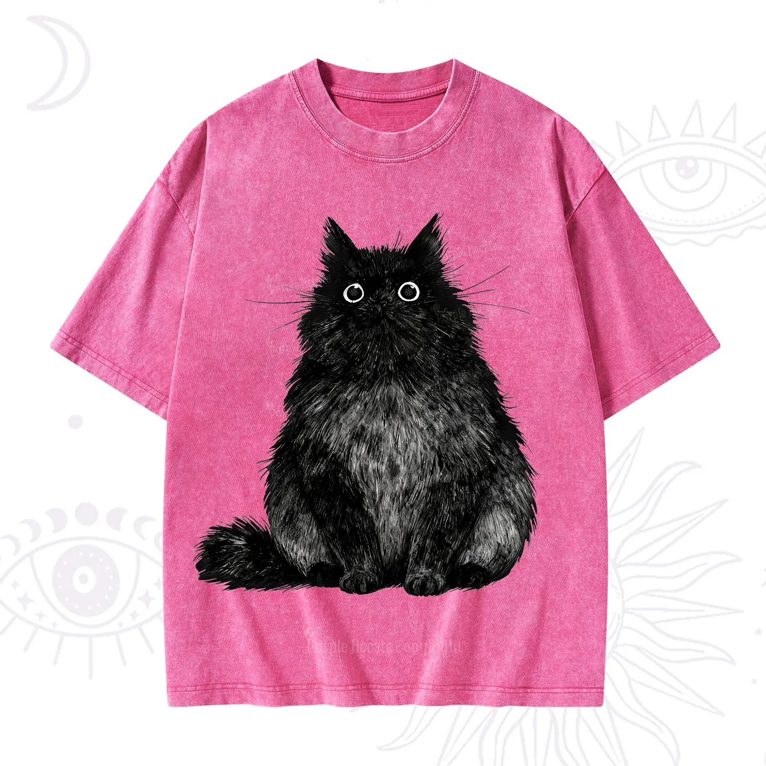 Purplehecate Cute Black Fluffy Cat Washed T-Shirt
