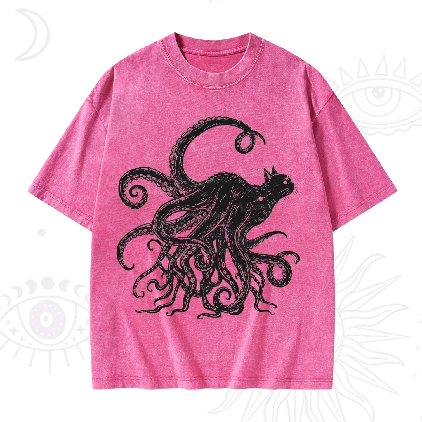 Purplehecate Black Cat with Octopus Tentacles Washed T-Shirt