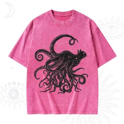 Purplehecate Black Cat with Octopus Tentacles Washed T-Shirt