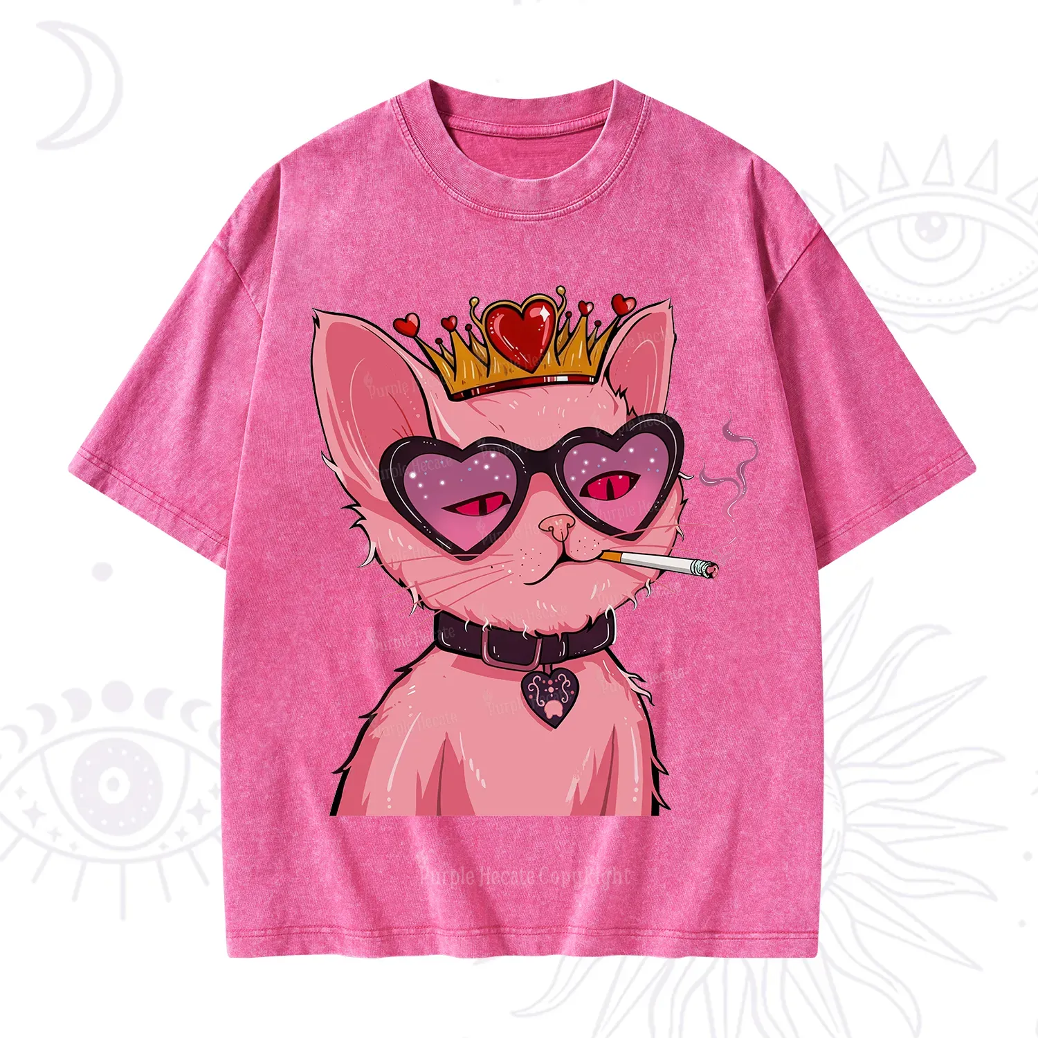 Purplehecate Bad Attitude Pink Cat Smoking Queen Washed T-Shirt