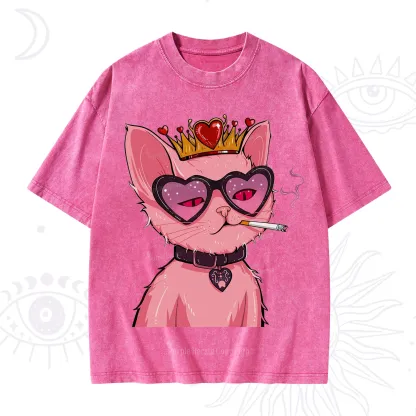 Purplehecate Bad Attitude Pink Cat Smoking Queen Washed T-Shirt