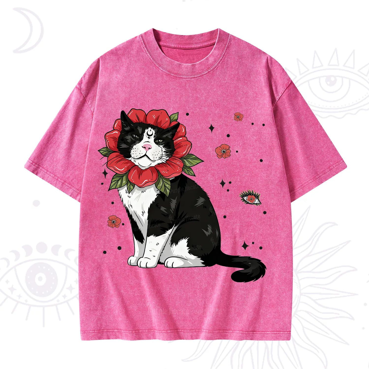 Purplehecate Cat in Flower Crown Washed T-Shirt
