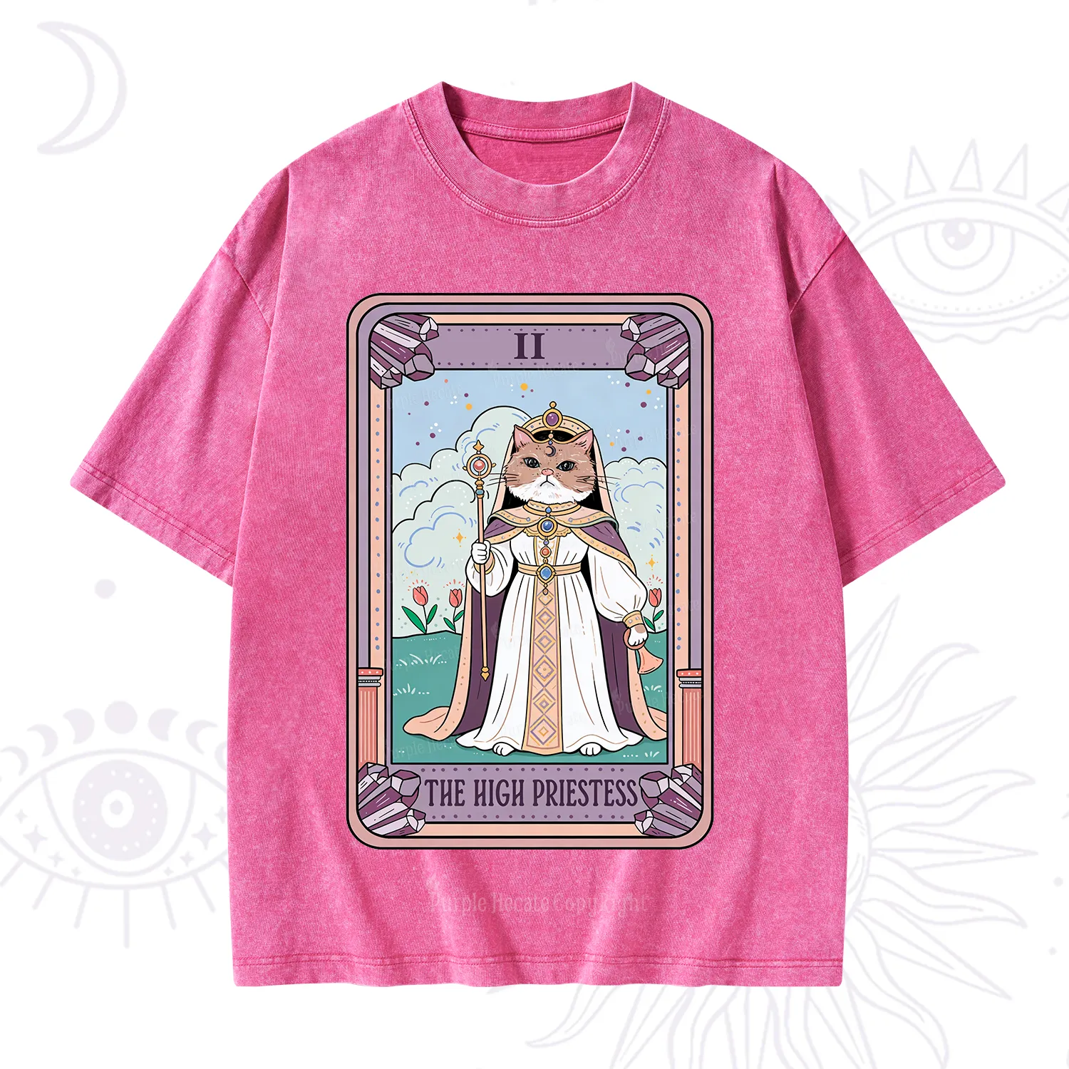 Purplehecate The High Priestess Cat Tarot Washed T-Shirt