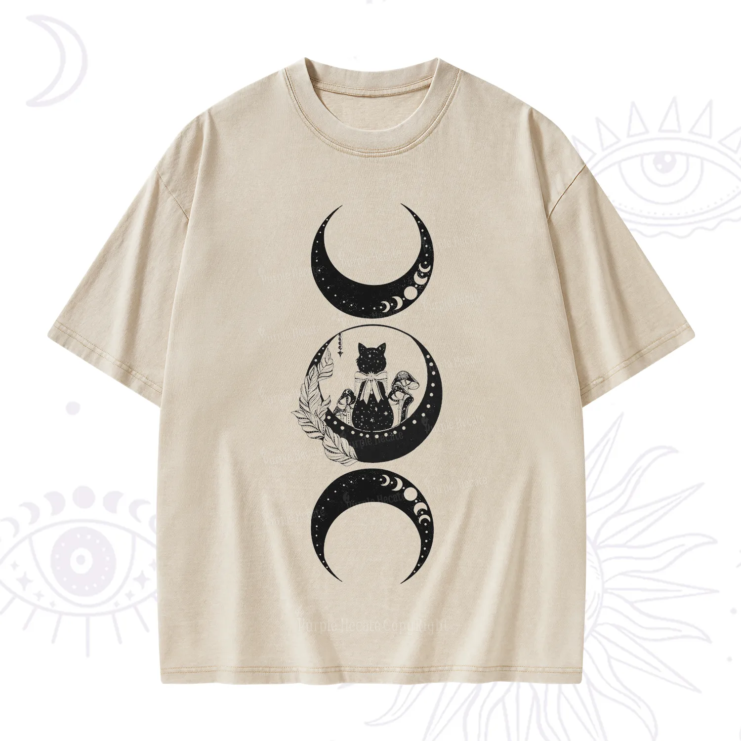 Purplehecate Cat And Moon Phases Washed T-Shirt