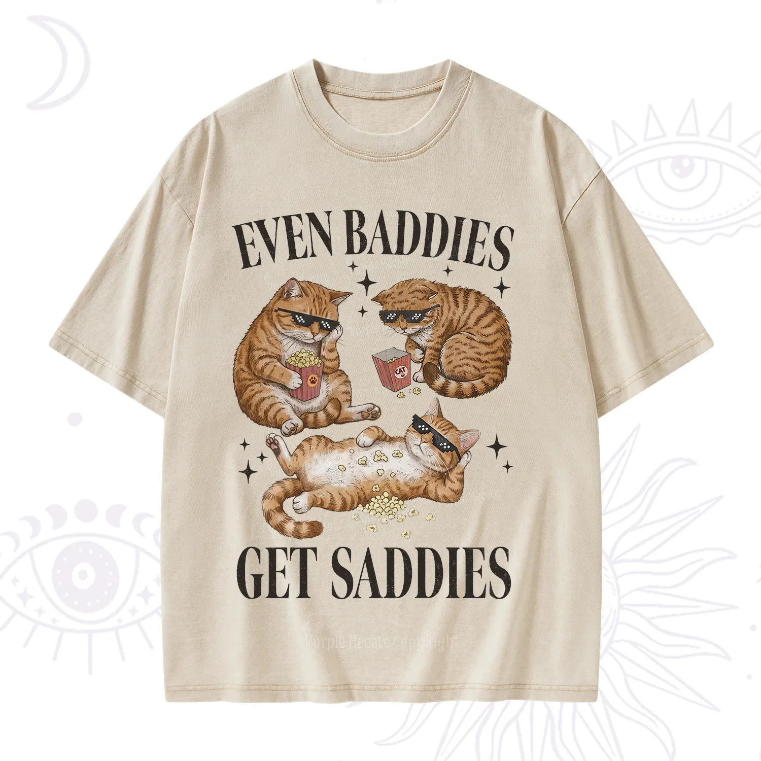 Purplehecate Even Baddies Get Saddies Funny Cat Washed T-Shirt