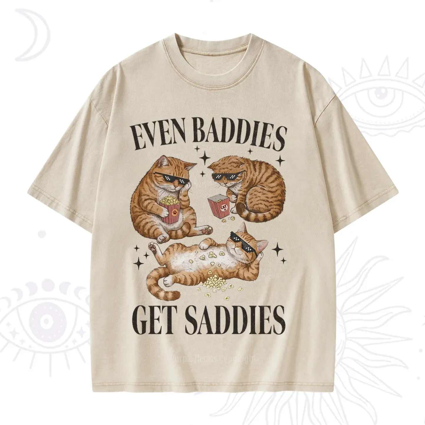 Purplehecate Even Baddies Get Saddies Funny Cat Washed T-Shirt
