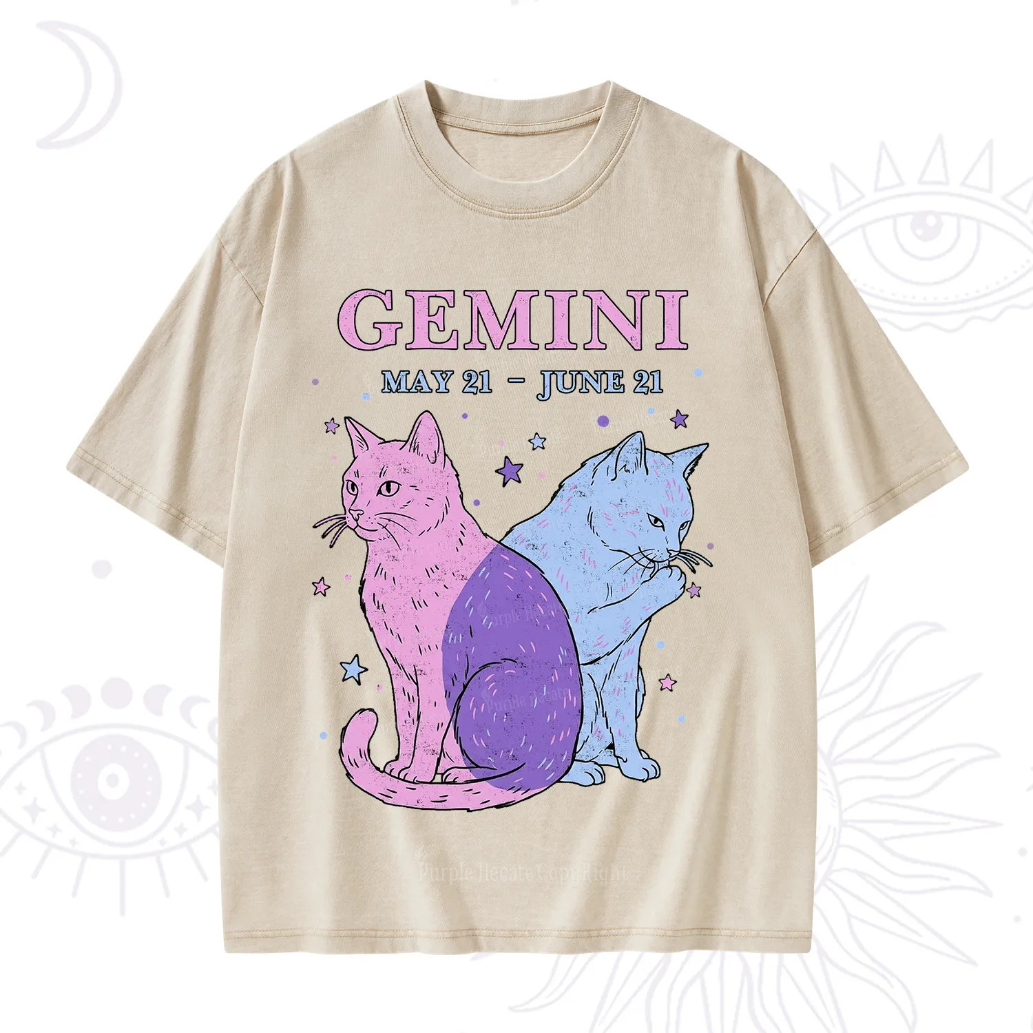 Purplehecate Gemini Zodiac Cats Washed T-Shirt
