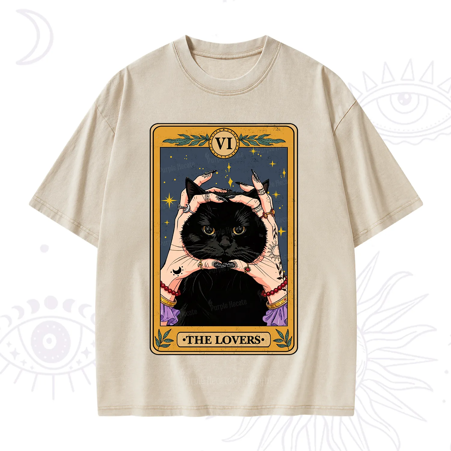 Purplehecate Black Cat The Lovers Tarot Card Washed T-Shirt