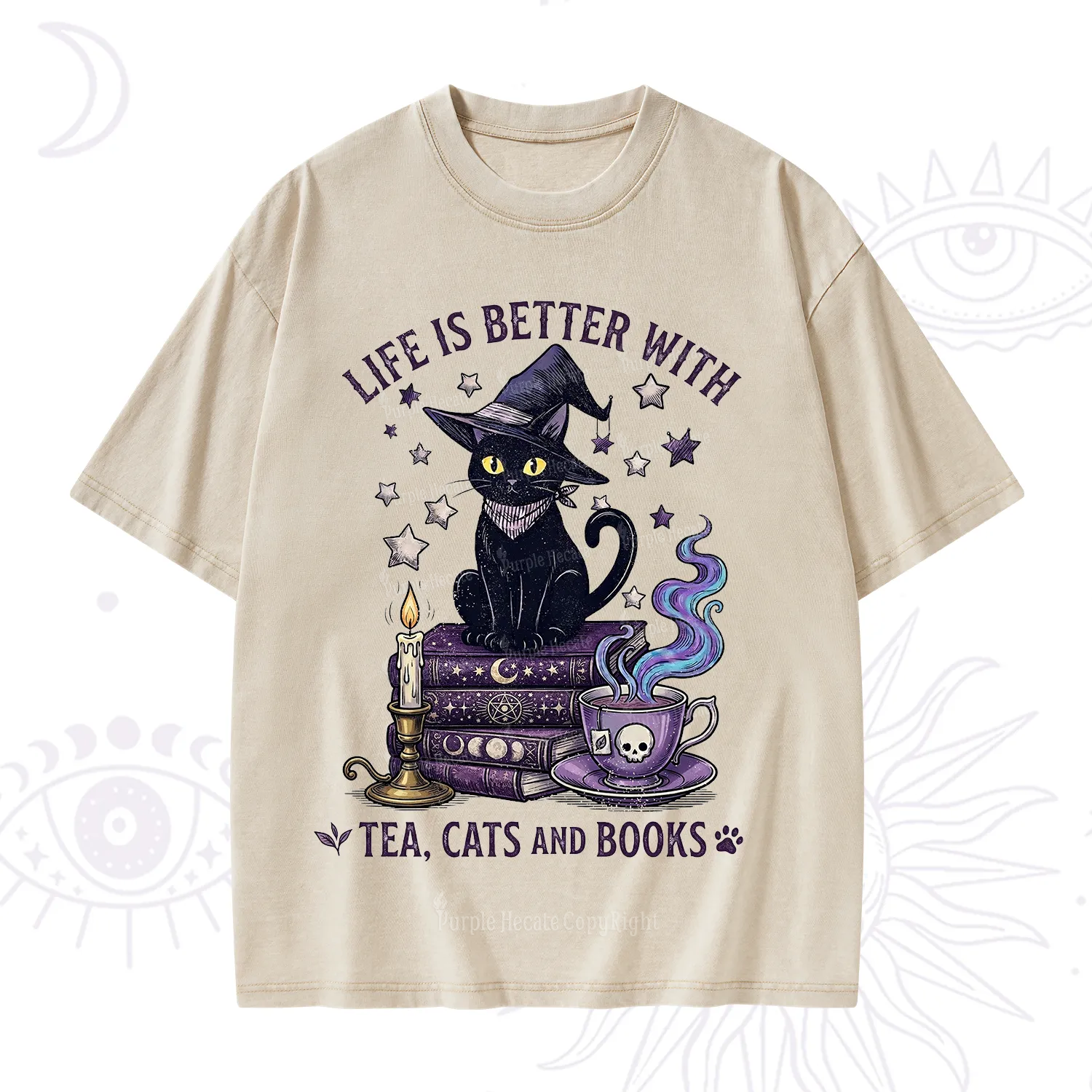 Purplehecate Life Is Better With Cats And Books Washed T-Shirt