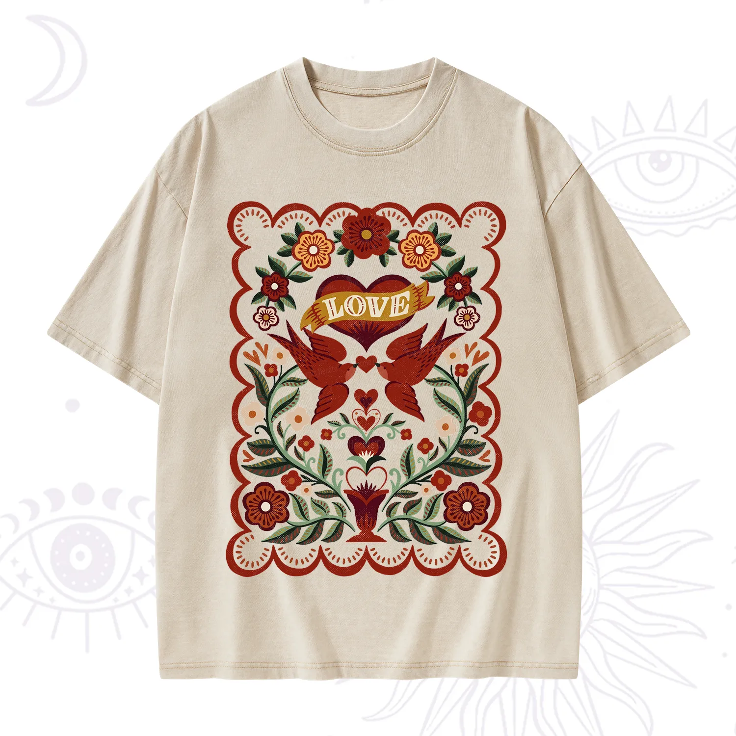 Purplehecate Folk Love Birds Floral Washed T-Shirt