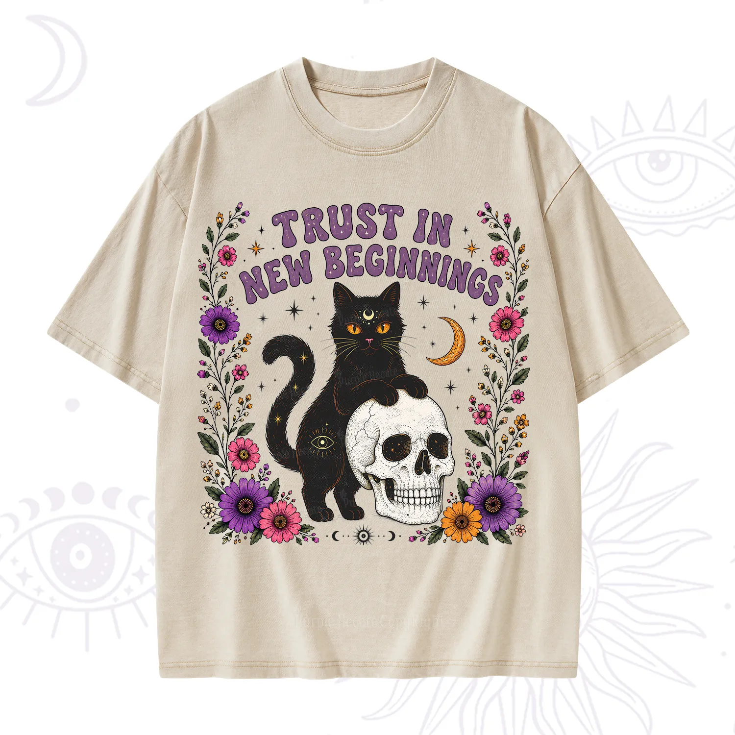 Purplehecate Trust in New Beginnings Black Cat Washed T-Shirt