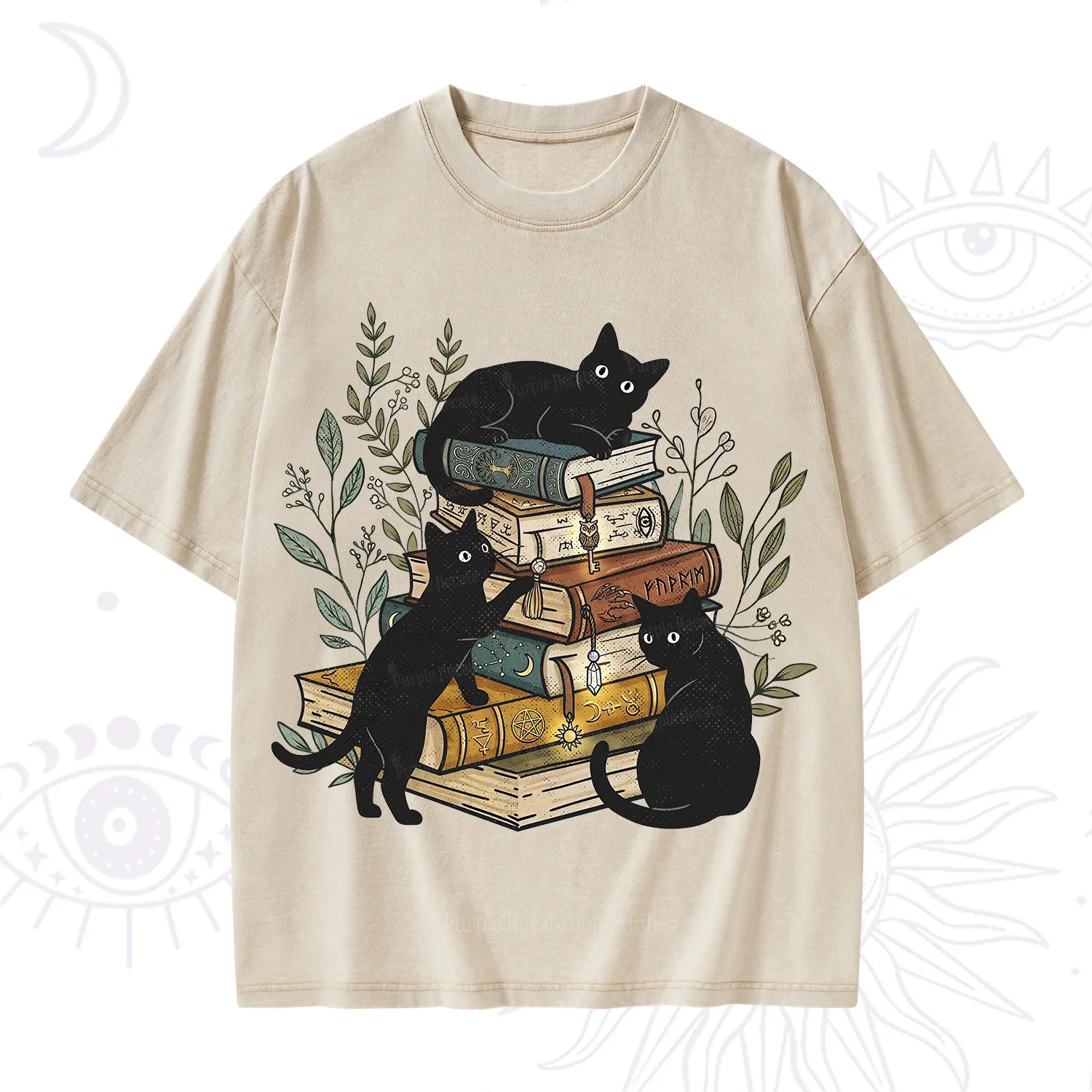 Purplehecate Enchanted Library Three Black Cats Washed T-Shirt
