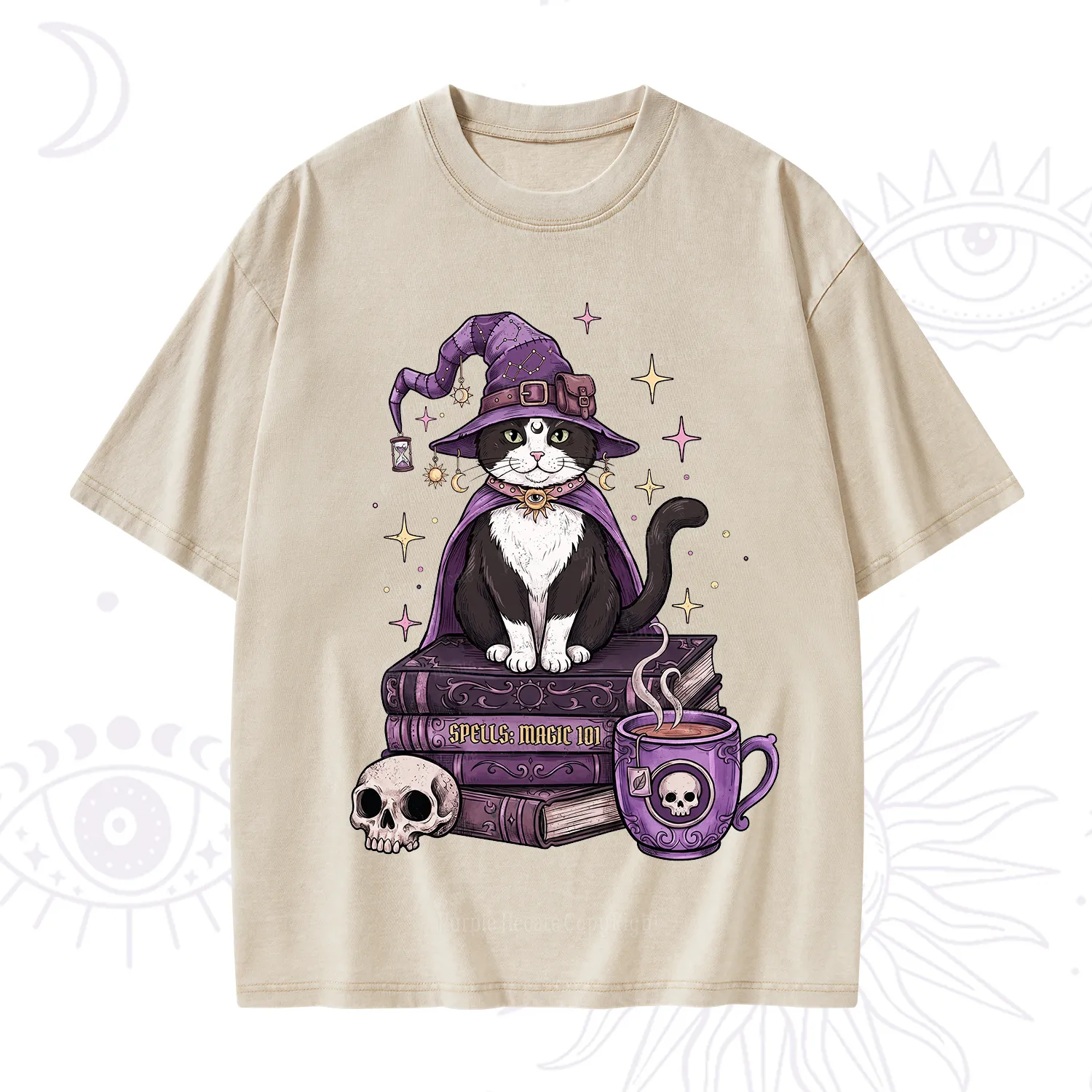 Purplehecate Witchy Cat Spell Books Washed T-Shirt
