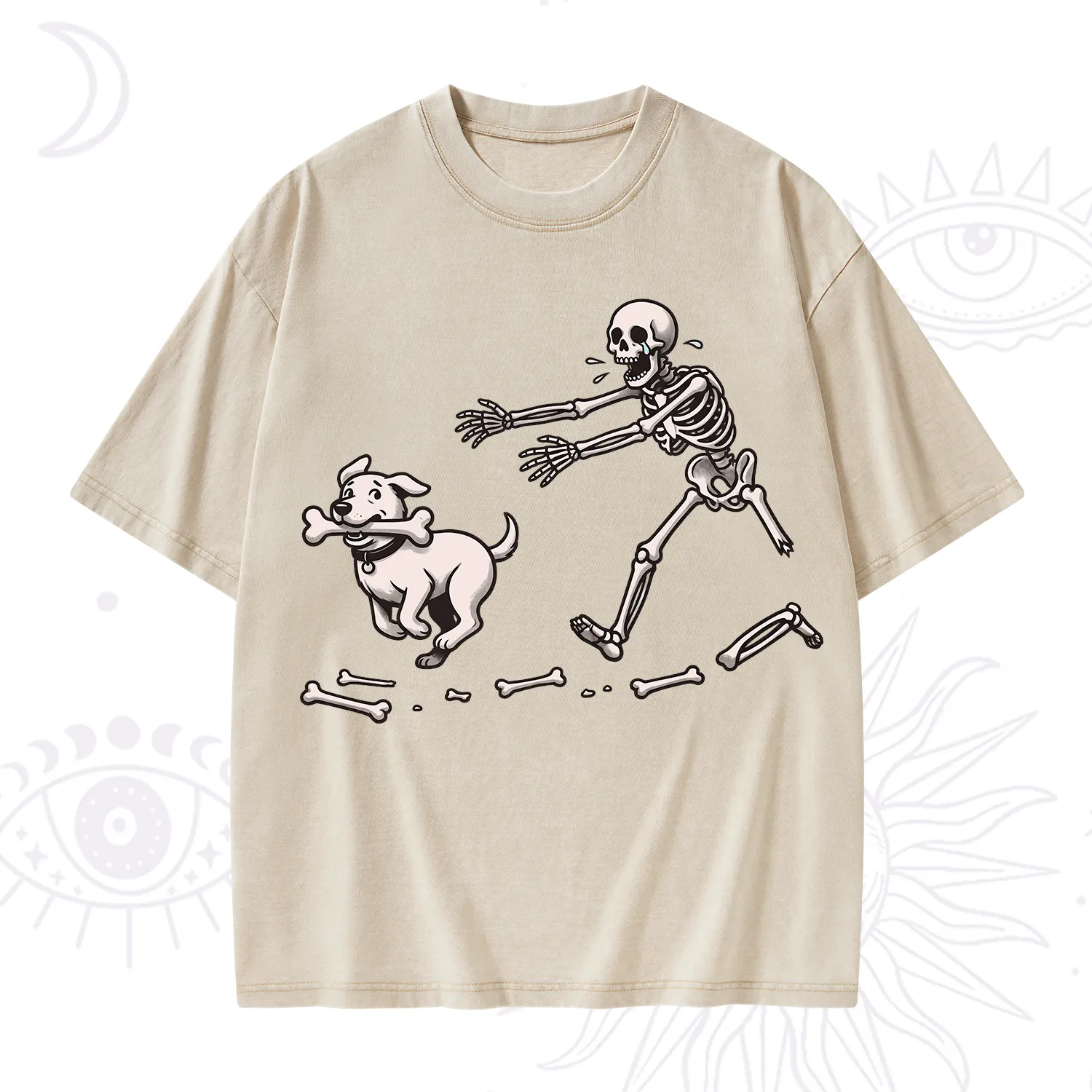 Purplehecate Halloween Skeleton Chasing Dog Washed T-Shirt