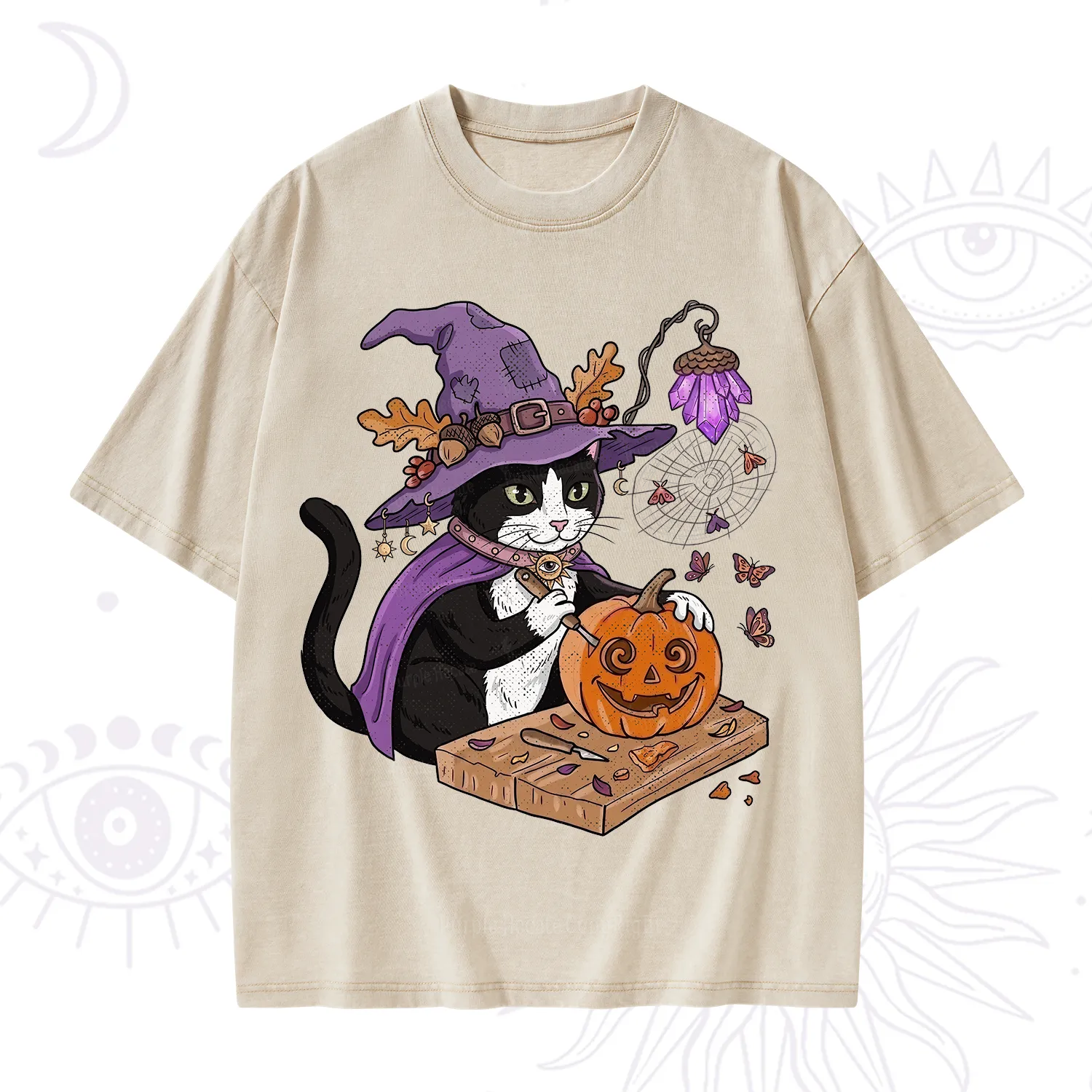 Purplehecate Pumpkin Carving Witch Cat Washed T-Shirt