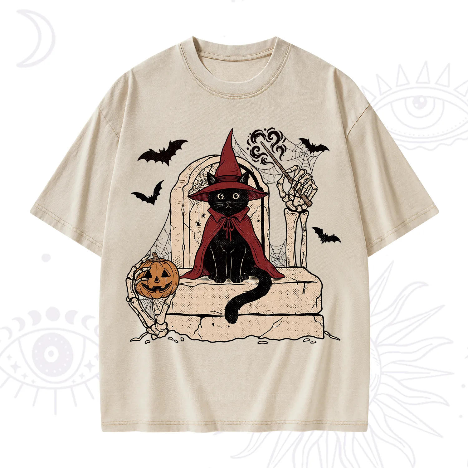 Purplehecate Wizard Black Cat on the Tombstone Halloween Washed T-Shirt
