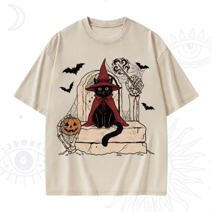 Purplehecate Wizard Black Cat on the Tombstone Halloween Washed T-Shirt