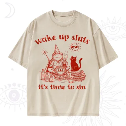 Purplehecate Wake Up Sluts It's Time to Sin Witch Frog Washed T-Shirt