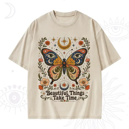 Purplehecate Beautiful Things Take Time Butterfly Washed T-Shirt