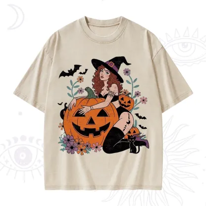 Purplehecate Enchanting Pumpkin Witch Halloween Washed T-Shirt