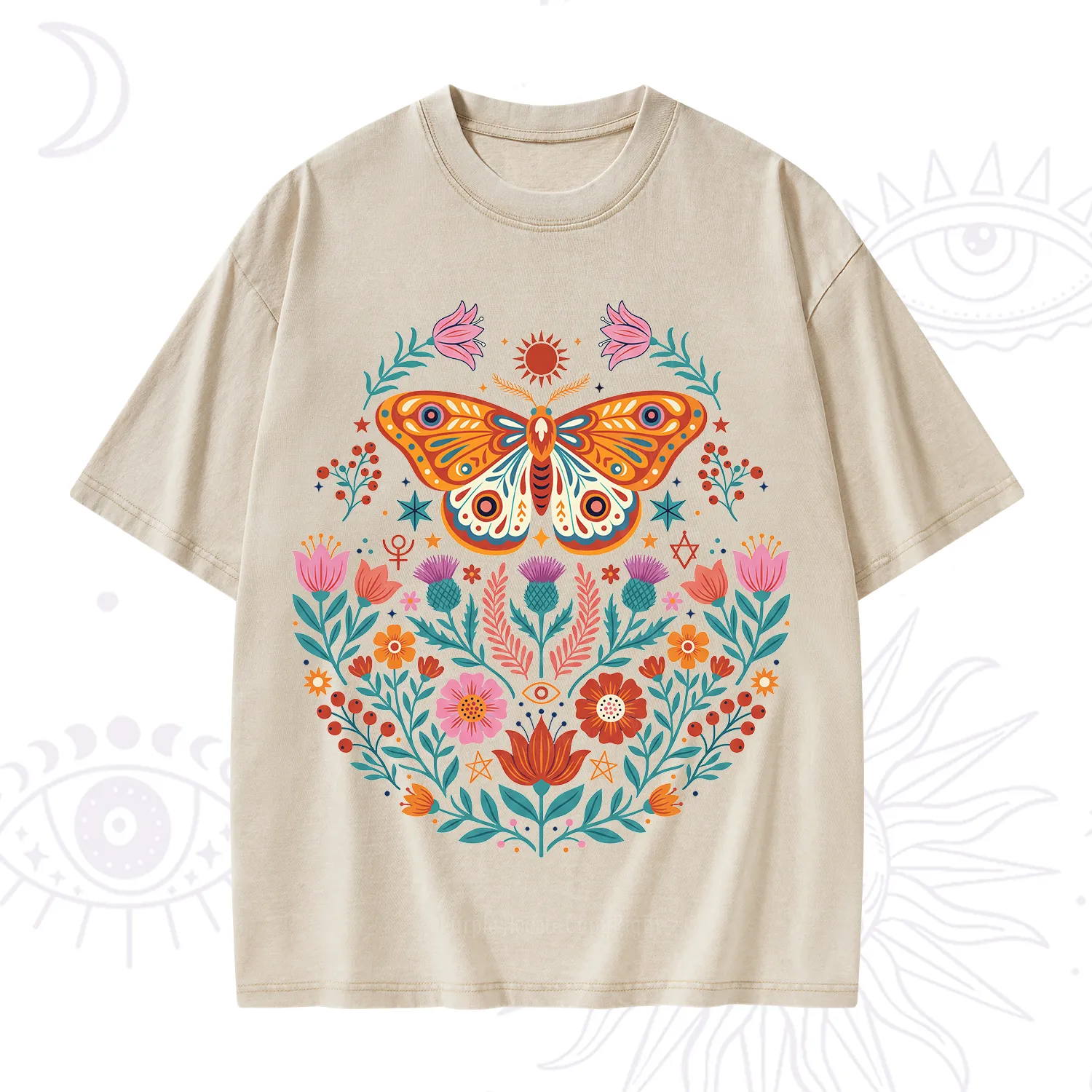 Purplehecate Boho Colorful Celestial Moth Washed T-Shirt