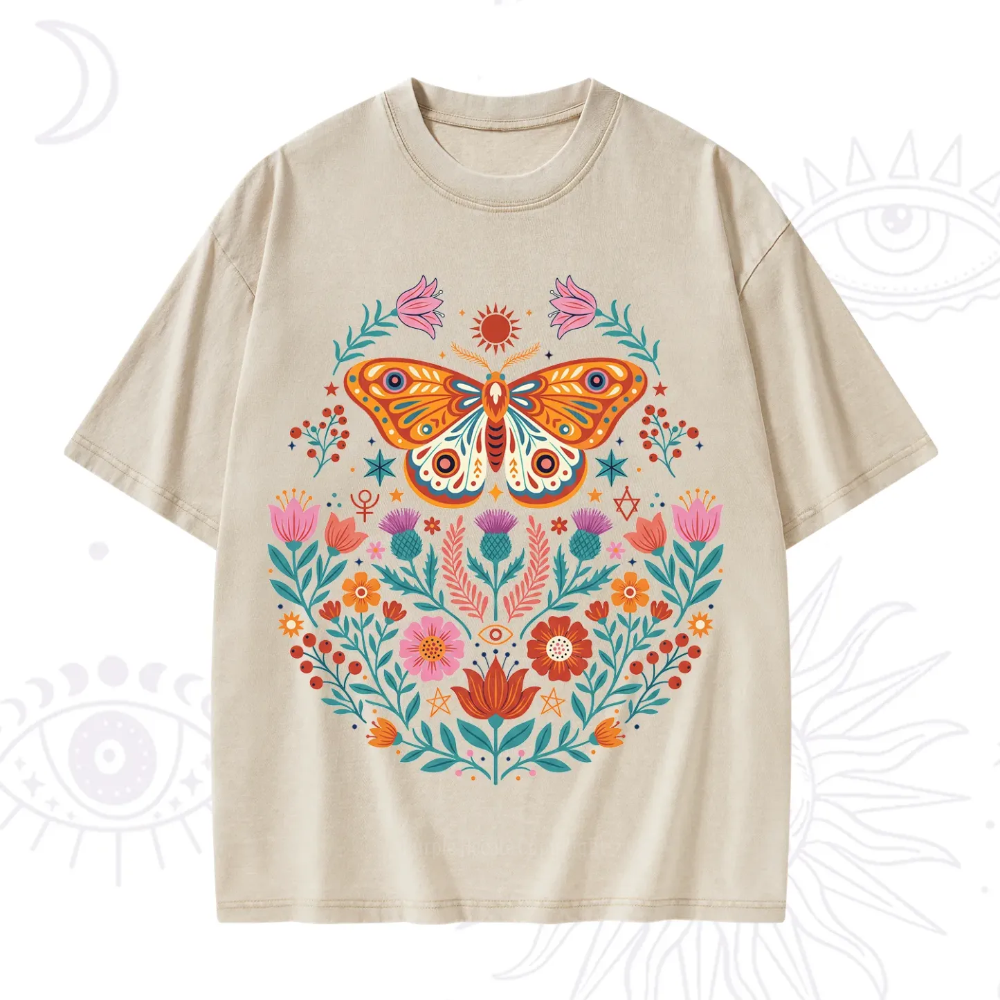 Purplehecate Boho Colorful Celestial Moth Washed T-Shirt