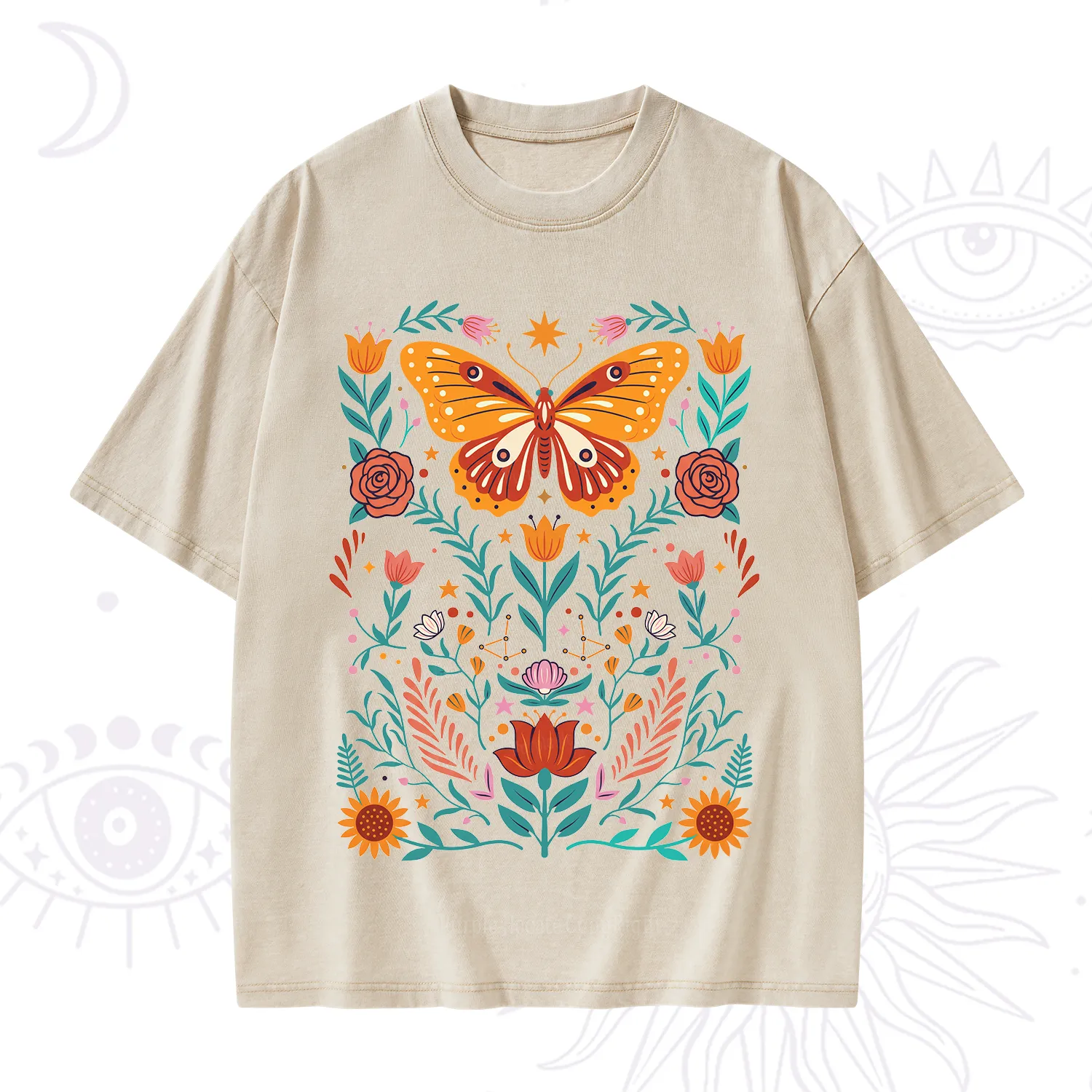 Purplehecate Boho Colorful Celestial Butterfly Washed T-Shirt