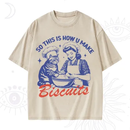 Purplehecate Funny Cat Baking Biscuits Washed T-Shirt