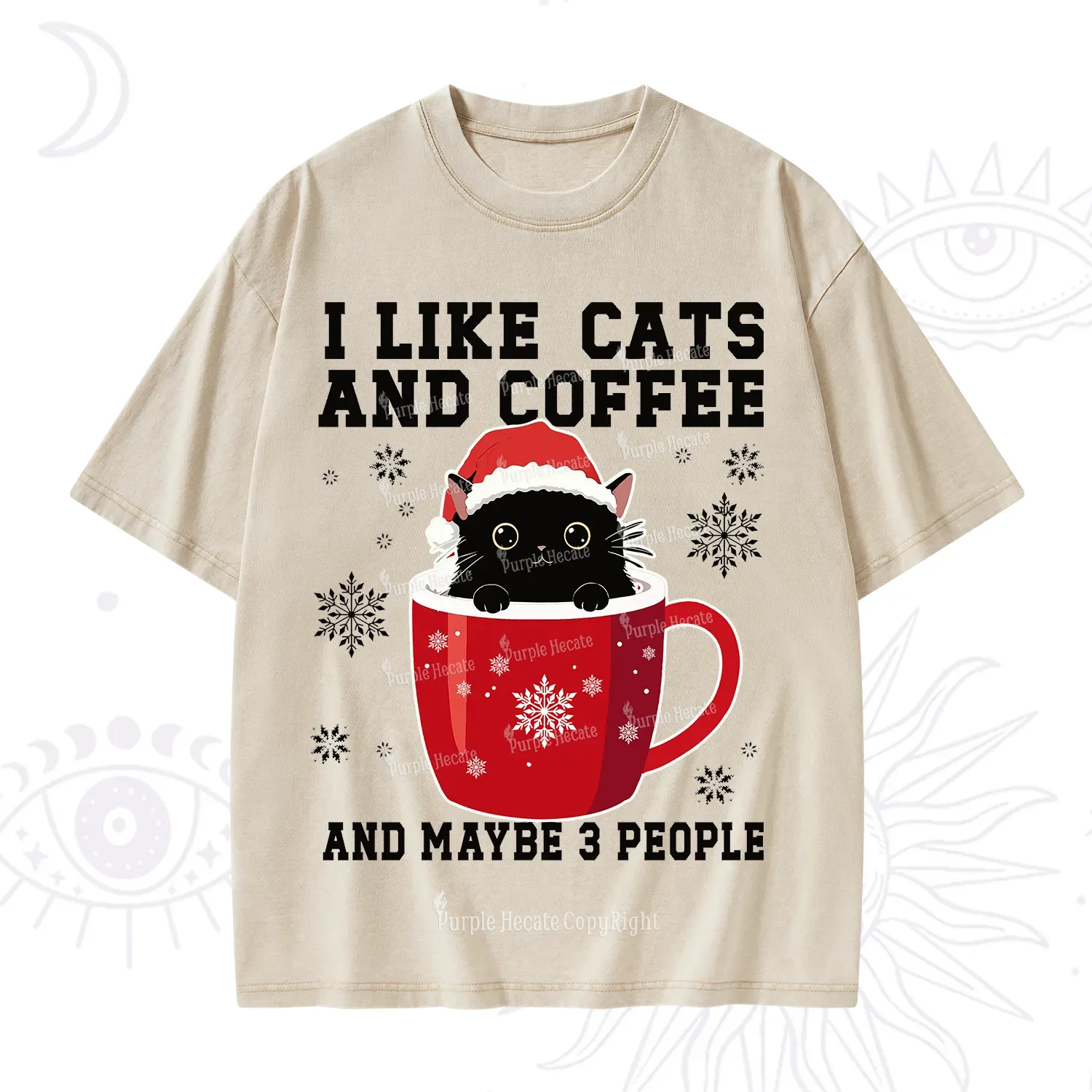 Purplehecate I like Cats And Coffee Christmas Washed T-Shirt