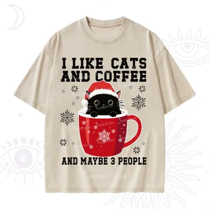 Purplehecate I like Cats And Coffee Christmas Washed T-Shirt