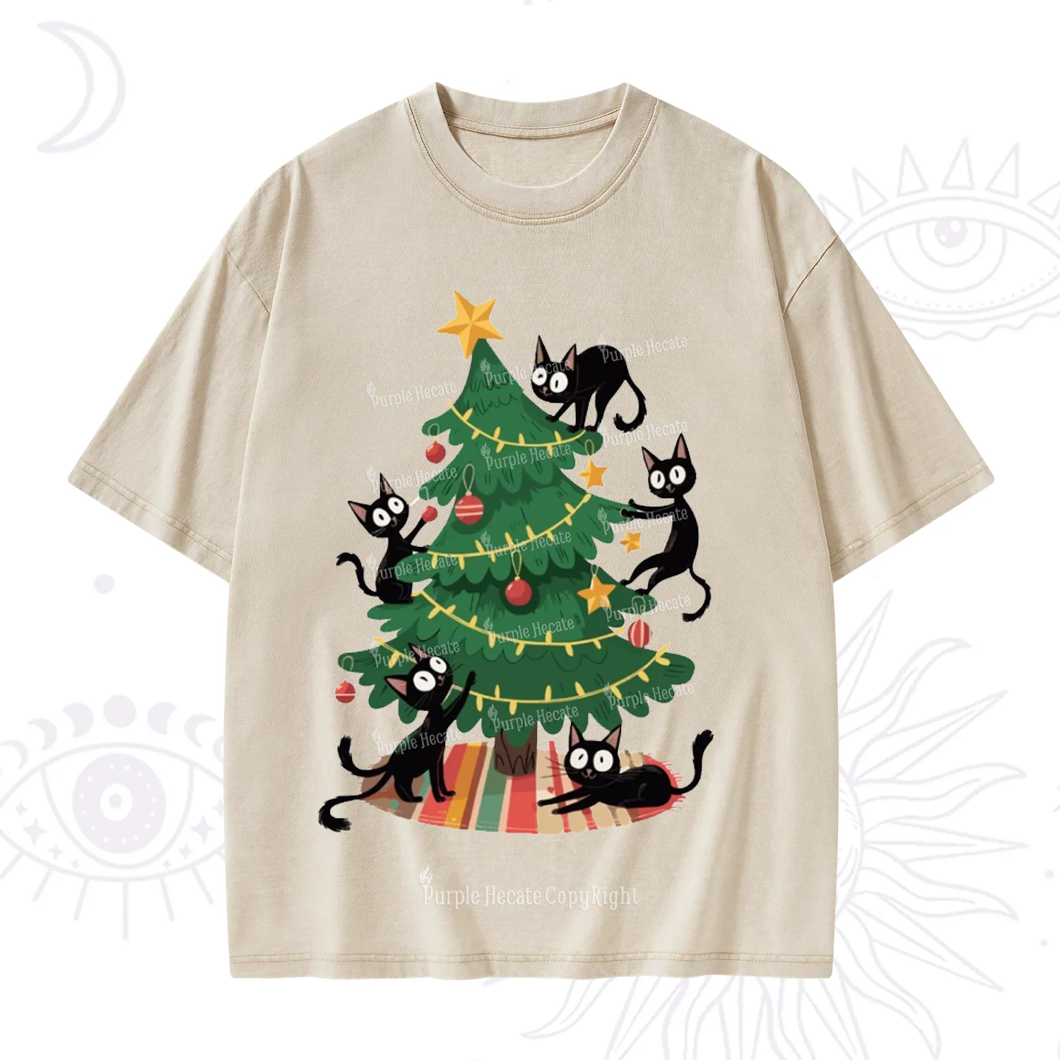 Purplehecate Black Cat in Tree Christmas Washed T-Shirt