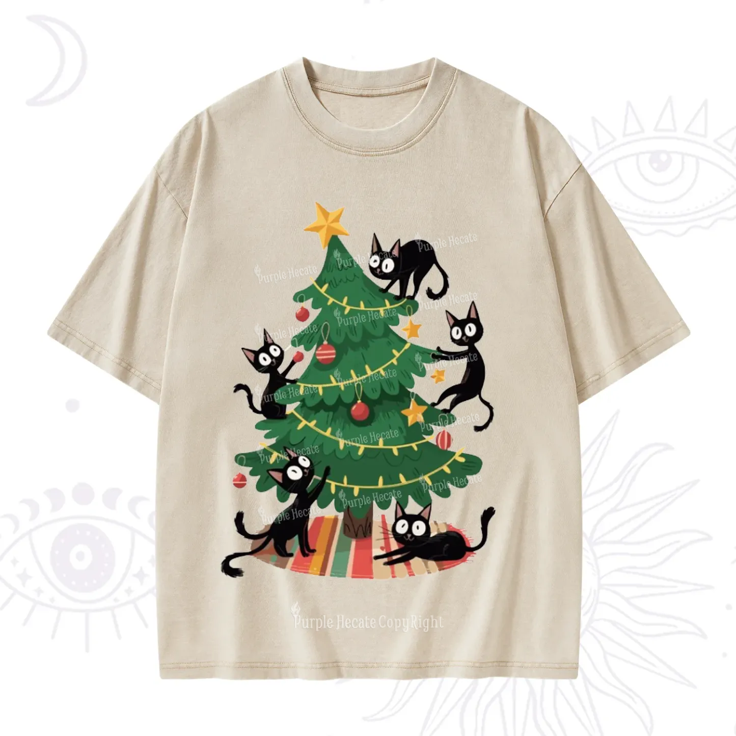 Purplehecate Black Cat in Tree Christmas Washed T-Shirt