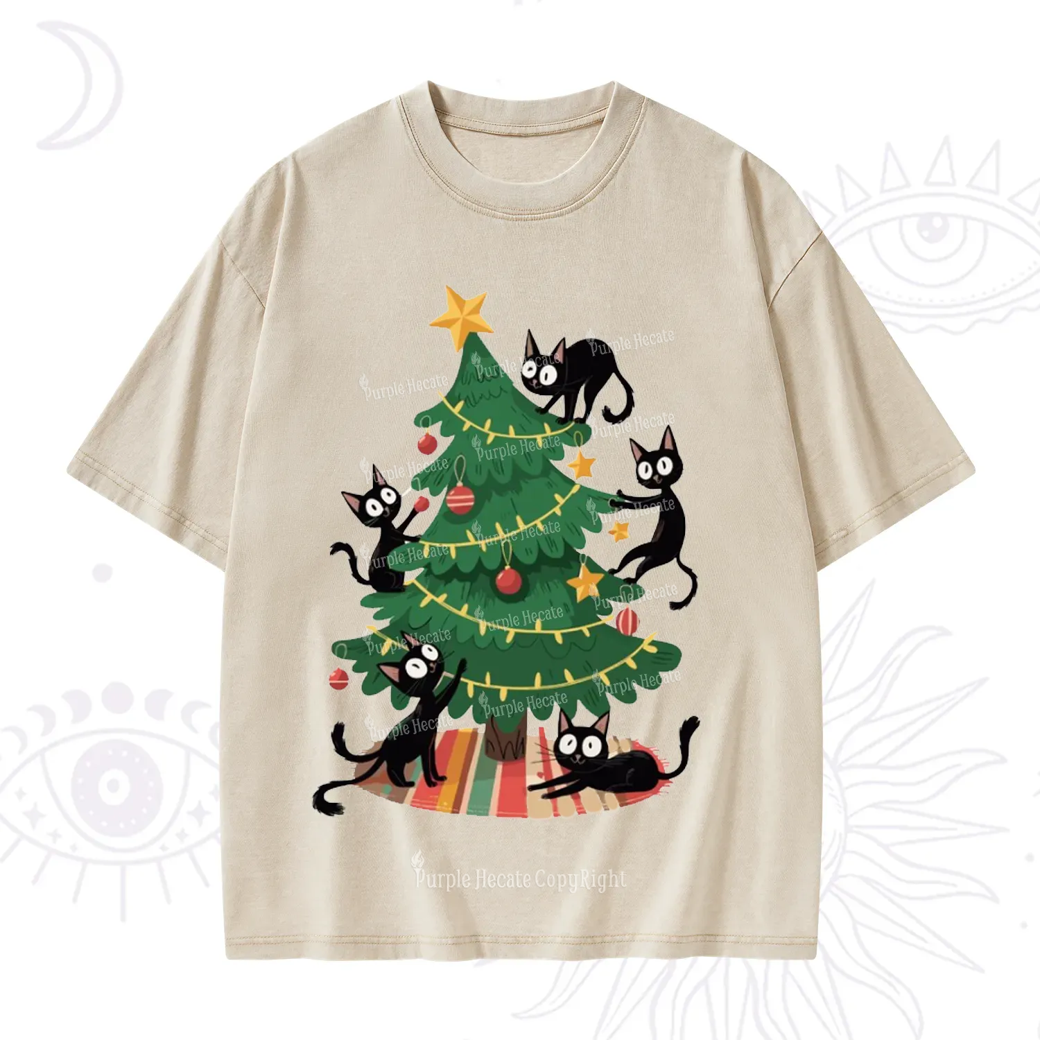Purplehecate Black Cat in Tree Christmas Washed T-Shirt